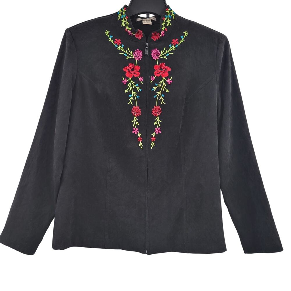 Notations full zip black jacket embroidered flowers size L